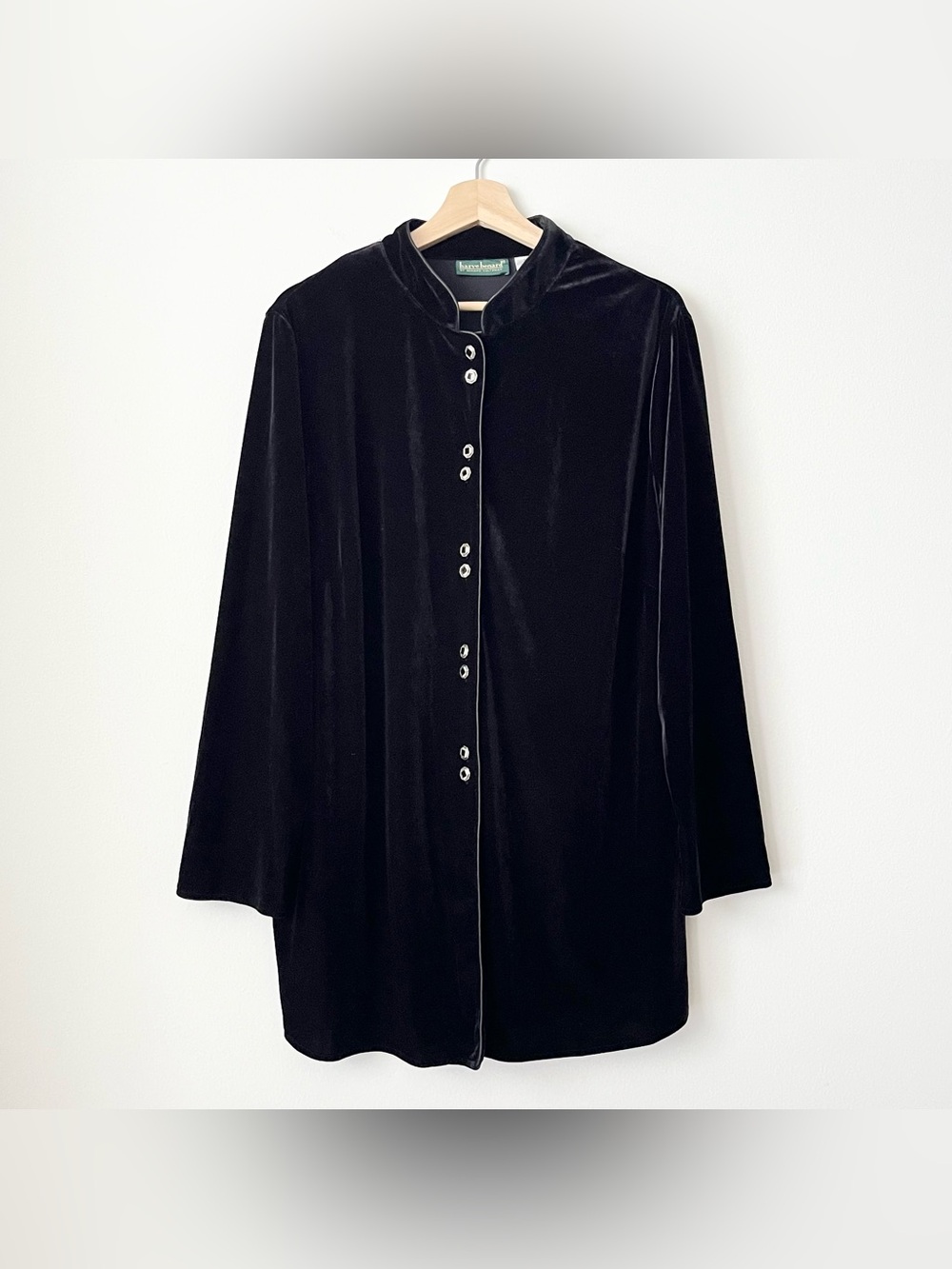 Vintage Harve Benard Women's Long Black Velour Jacket Shacket 1X Mandarin Collar